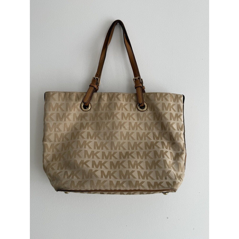 ✿ Michael Kors MK Logo Canvas Leather Tote Shoulder Bag Large Classic Beige Zip